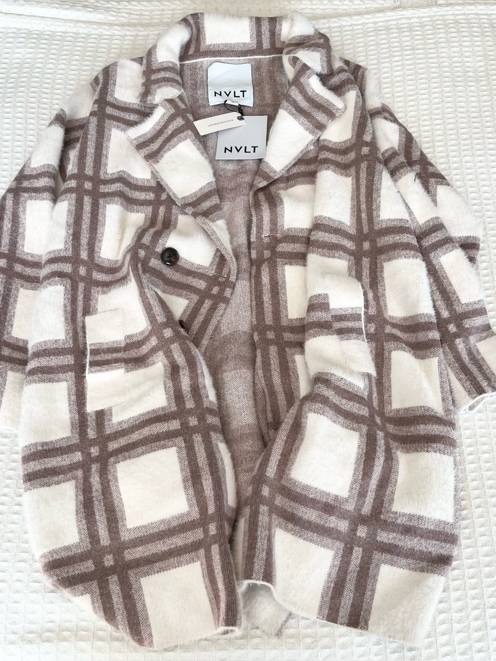 NVLT Cream Taupe and Brown Plaid Wool-Blend Blazer sweater large NWT